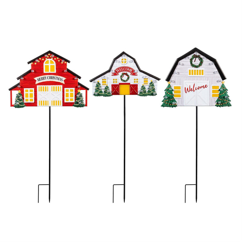 Holiday Poinsettia Garden Stake, Solar Garden Stake, Holiday Barn, 36"H, Asst of 3