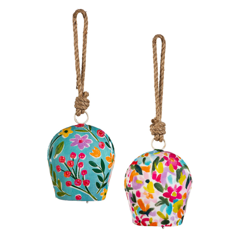 What She Shed Garden Bell, Metal Printed Bell, Colorful Bouquet, Asst of 2