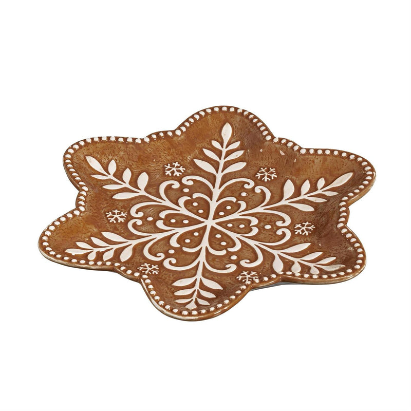 Baking Spirits Bright Plate Gingerbread Snowflake Shaped Embossed Ceramic Salad Plate, 9"