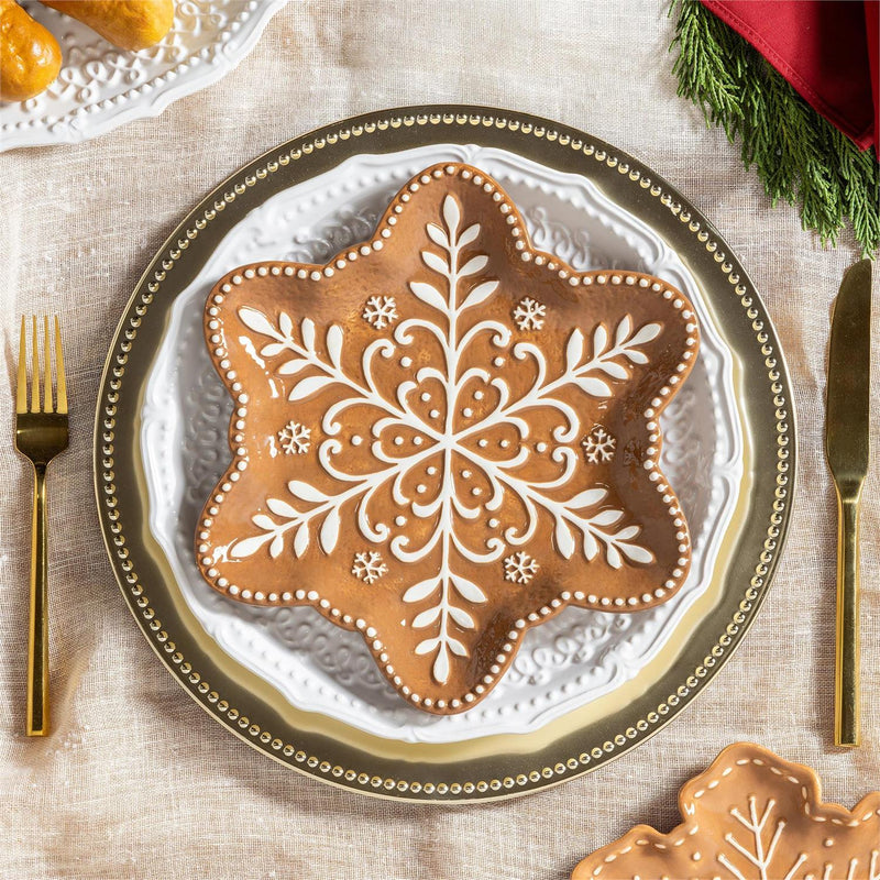 Baking Spirits Bright Plate Gingerbread Snowflake Shaped Embossed Ceramic Salad Plate, 9"