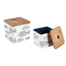 White & Blue Fish Pattern Metal Container with Wooden Top, Set of 2