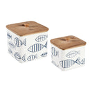 White & Blue Fish Pattern Metal Container with Wooden Top, Set of 2