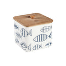 White & Blue Fish Pattern Metal Container with Wooden Top, Set of 2