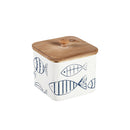 White & Blue Fish Pattern Metal Container with Wooden Top, Set of 2