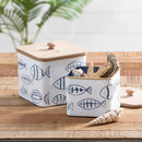 White & Blue Fish Pattern Metal Container with Wooden Top, Set of 2