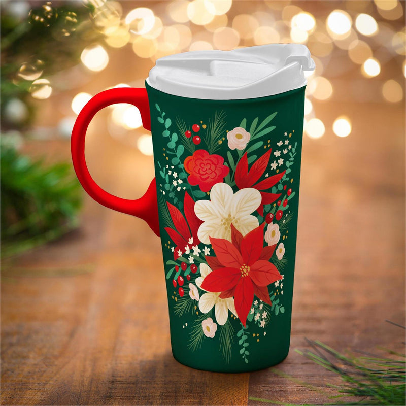 Holiday Poinsettia Travel Cup Ceramic Perfect Cup, Poinsettia Bouquet, 17oz, Gift Box