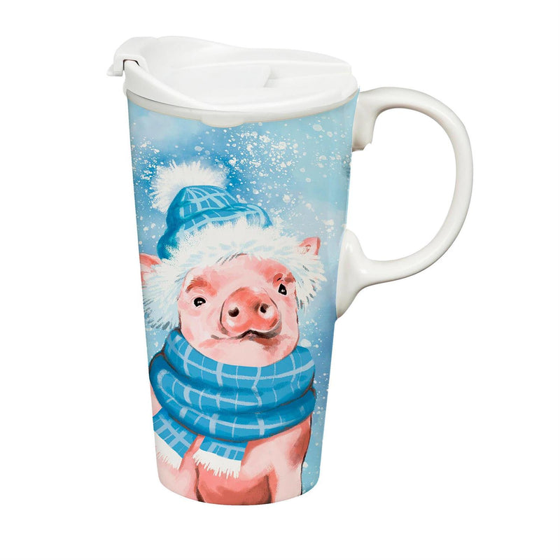 Holiday Poinsettia Travel Cup Ceramic Perfect Cup, Pig, 17oz, Gift Box