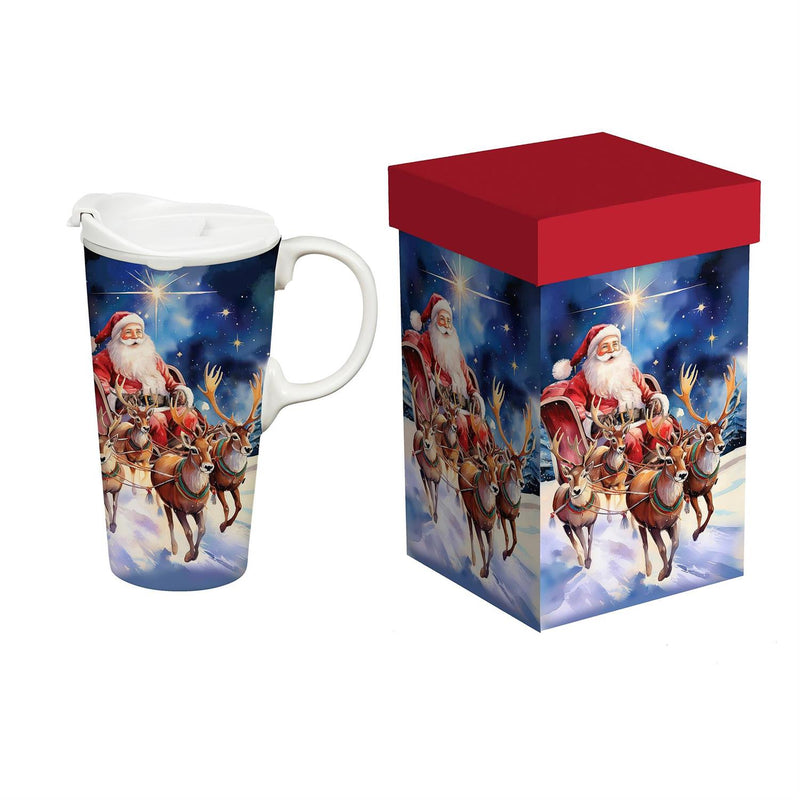 Traditional Santa Travel Cup Ceramic Perfect Cup, Santa and Reindeer, 17oz, Gift Box