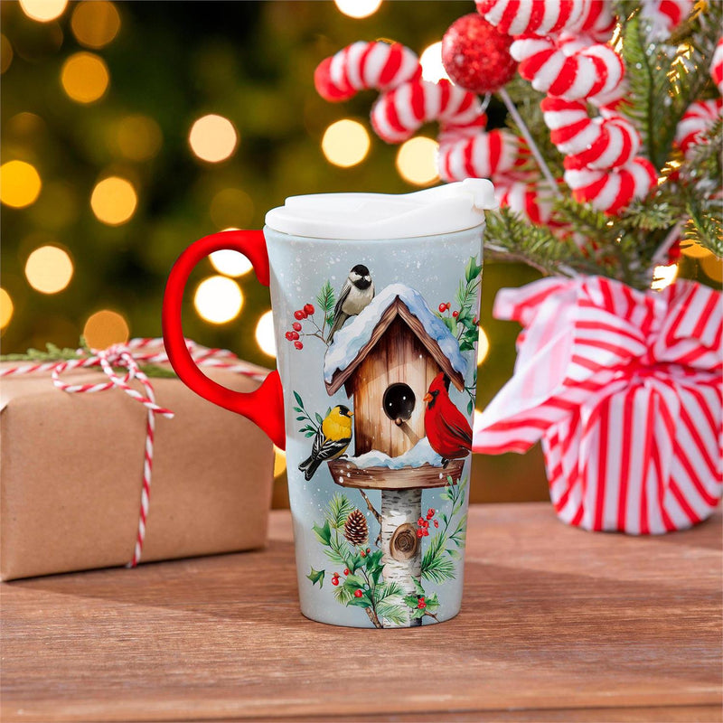 Woodland Storybook Travel Cup Ceramic Perfect Cup, Birdhouse and Birds, 17oz, Gift Box