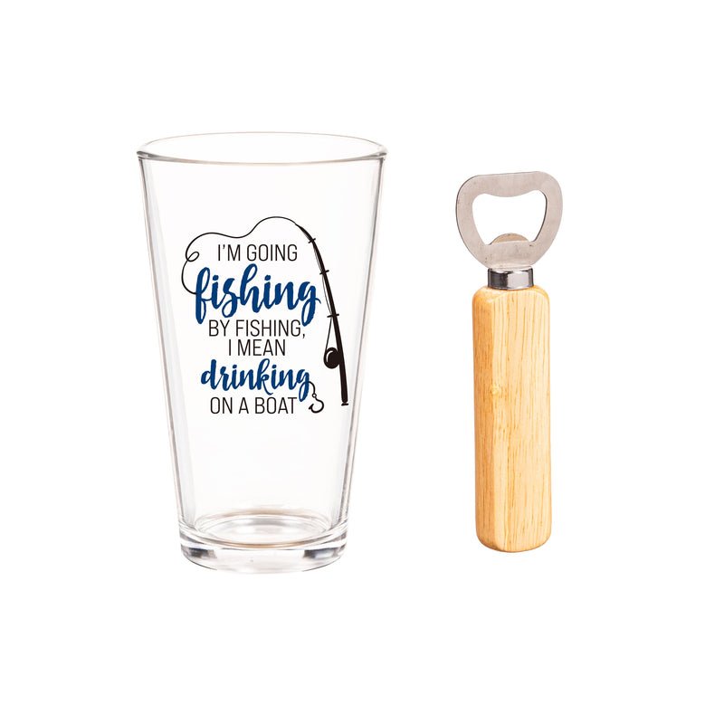Pint Glass and Bottle Opener w/ Gift Box, 17oz, I'm Going Fishing,3dwg020
