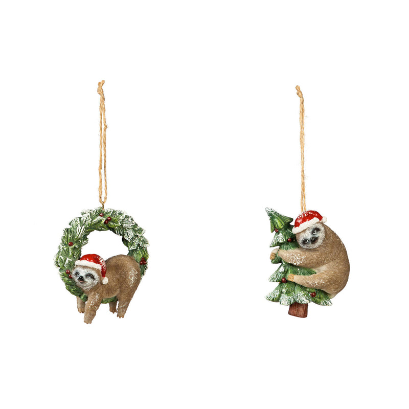 Resin Sloth with Santa Hat Ornament, 2 Asst,3otr122