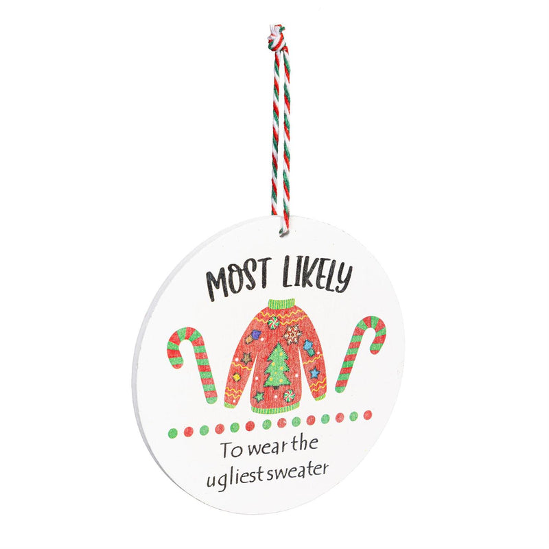 Traditional Santa Ornament Christmas Most Likely To... Round Wood with Wood Display