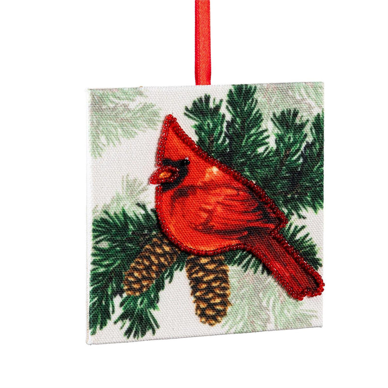 Holiday Poinsettia Ornament Cardinal Square Wood, Asst, 4"