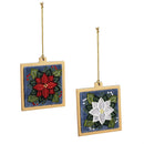 Holiday Poinsettia Ornament Poinsettia Beaded Square Wood and Fabric, Asst, 4.5"H