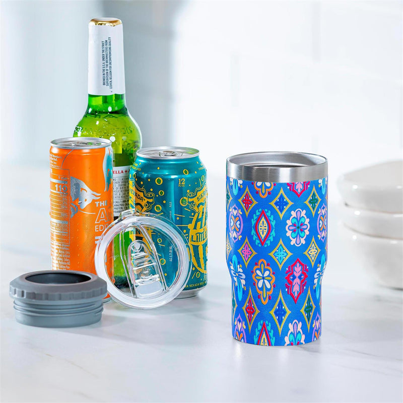 Geometric Tapestry Stainless Steel Quatre Chiller with Silicone Cap and Tumbler Slide Lid, Gift Box