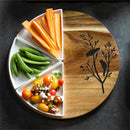 12" Wood Round Server with 3 Ceramic Dishes Set