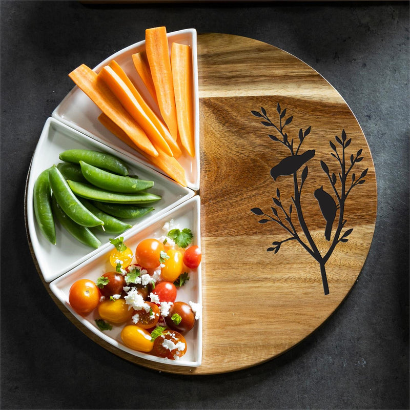 12" Wood Round Server with 3 Ceramic Dishes Set