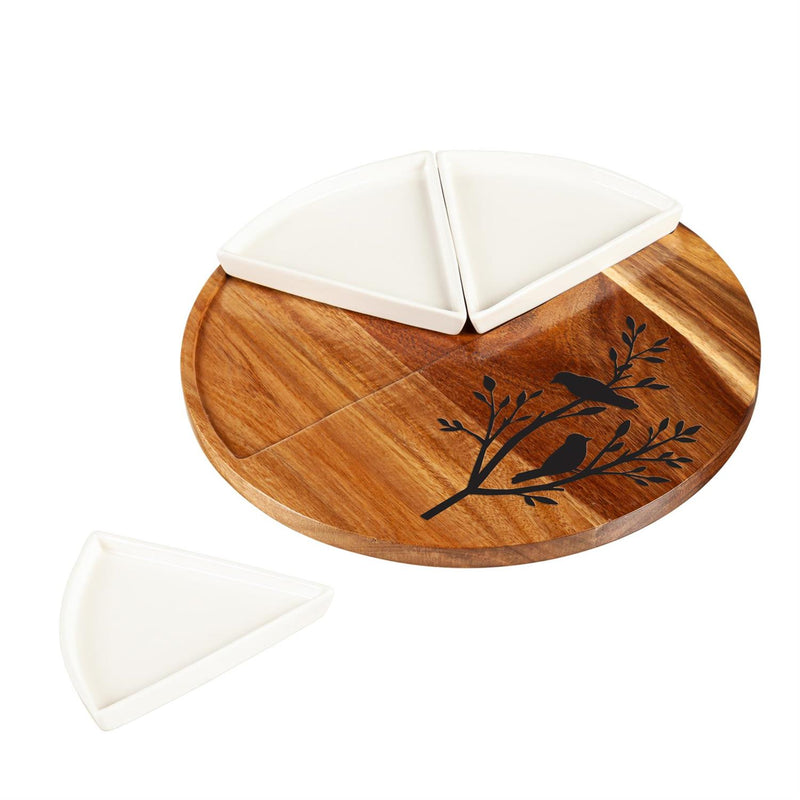 12" Wood Round Server with 3 Ceramic Dishes Set