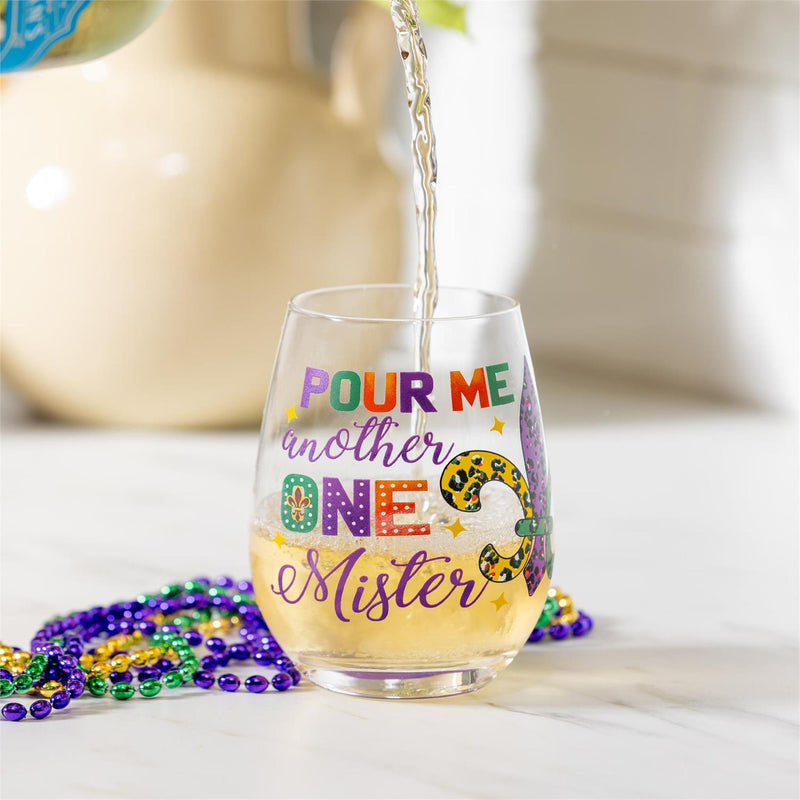Mardi Gras Fleur De Lis Stemless Glass, 17oz, Gift Box