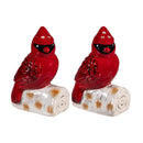 Holiday Poinsettia Salt & Pepper Shakers Ceramic Cardinal on Log, Set of 2