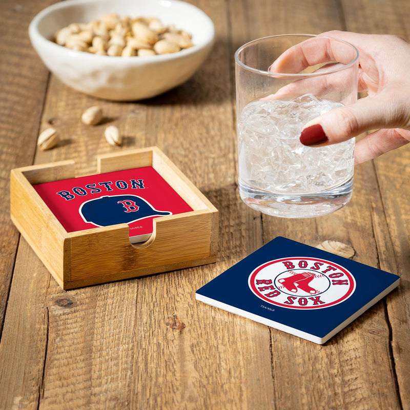 Boston Red Sox Ceramic Coasters Set, 4pcs with Wood Caddy