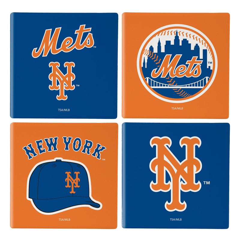 New York Mets Ceramic Coasters Set, 4pcs with Wood Caddy