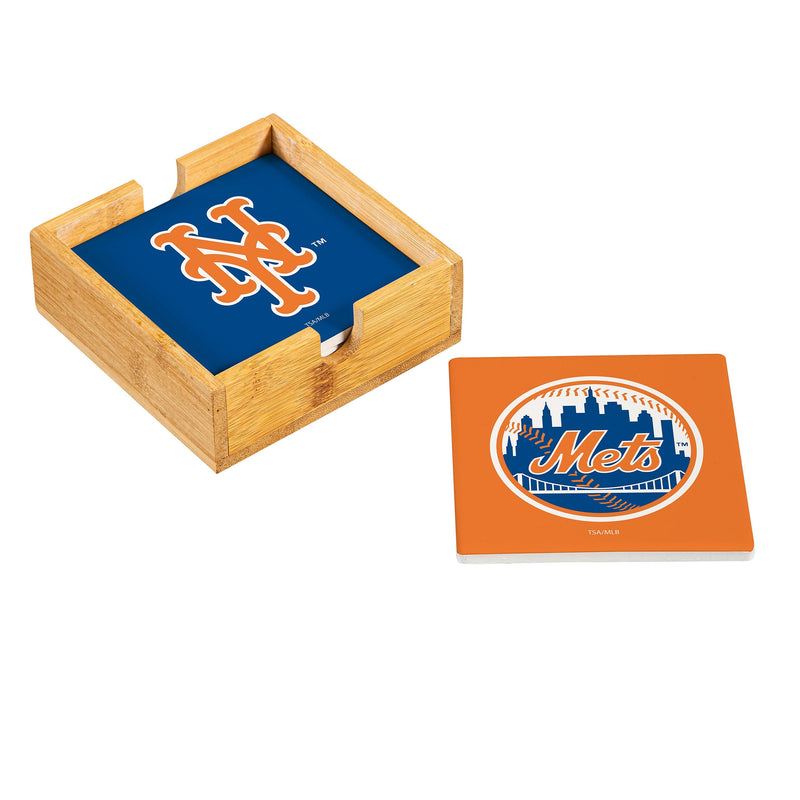New York Mets Ceramic Coasters Set, 4pcs with Wood Caddy