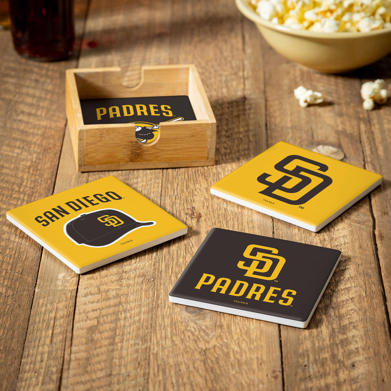 San Diego Padres Ceramic Coasters Set, 4pcs with Wood Caddy