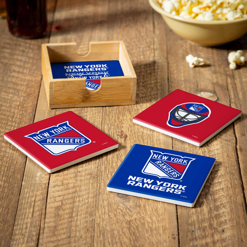 New York Rangers Ceramic Coasters Set, 4pcs with Wood Caddy