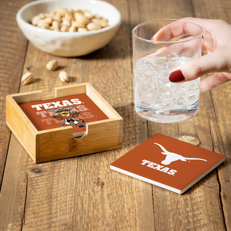 University of Texas Ceramic Coasters Set, 4pcs with Wood Caddy