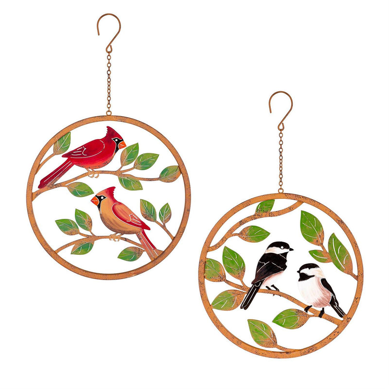 What She Shed Outdoor Hanging Décor, Metal, Circular Rustic Bird, 12", Set of 2