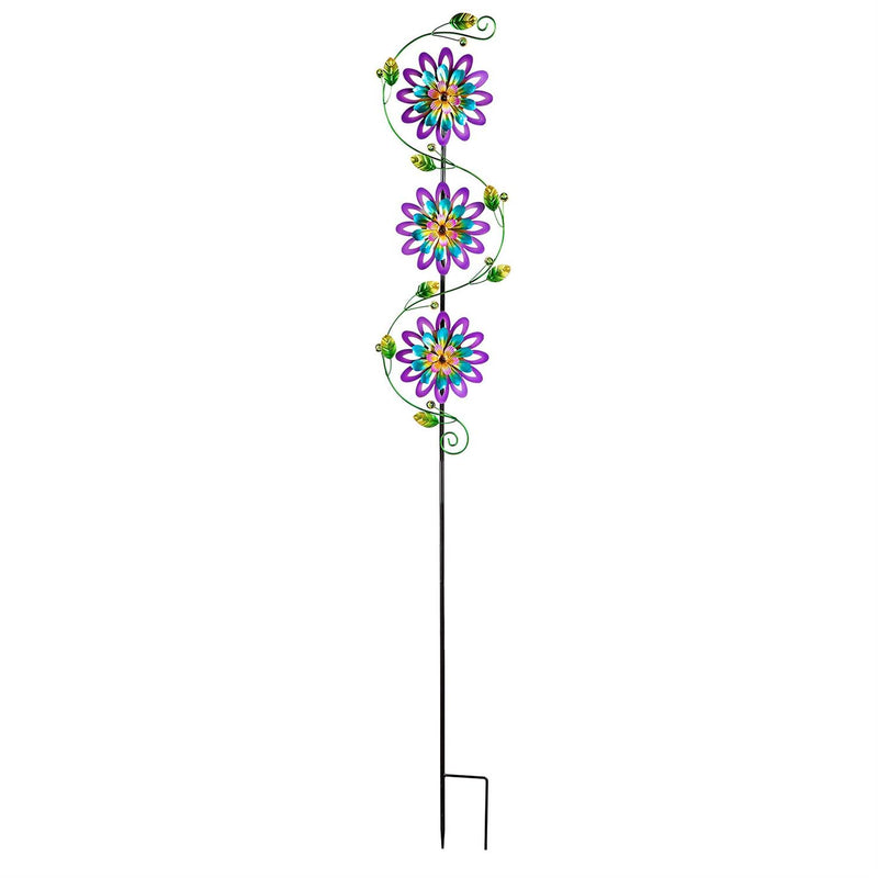 71"H Garden Stake with Spinning Flowers, Violet Trio