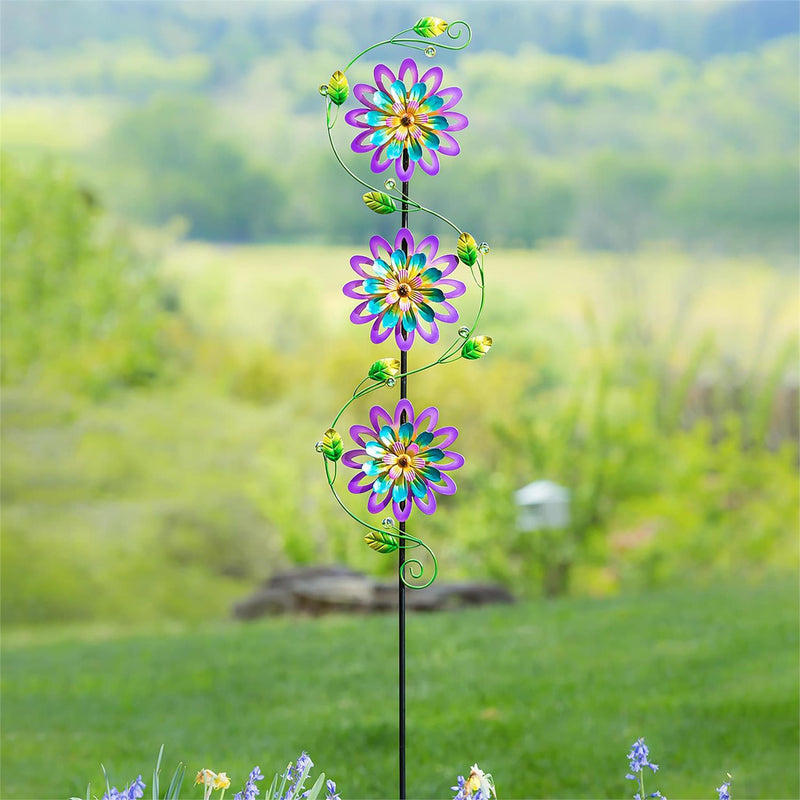 71"H Garden Stake with Spinning Flowers, Violet Trio