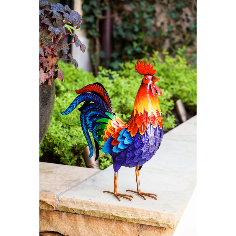 Evergreen Statuary,Colorful Rooster Metal Garden Statuary,18.5x7.09x20.87 Inches