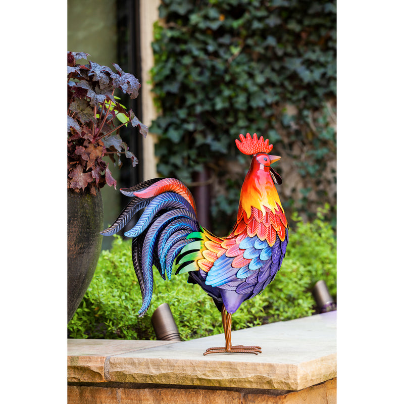 Evergreen Statuary,Colorful Rooster Metal Garden Statuary,18.5x7.09x20.87 Inches