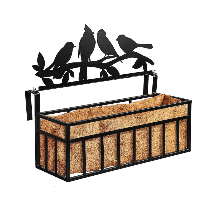 Black Railing Planter with Topper, Birds on a Branch
