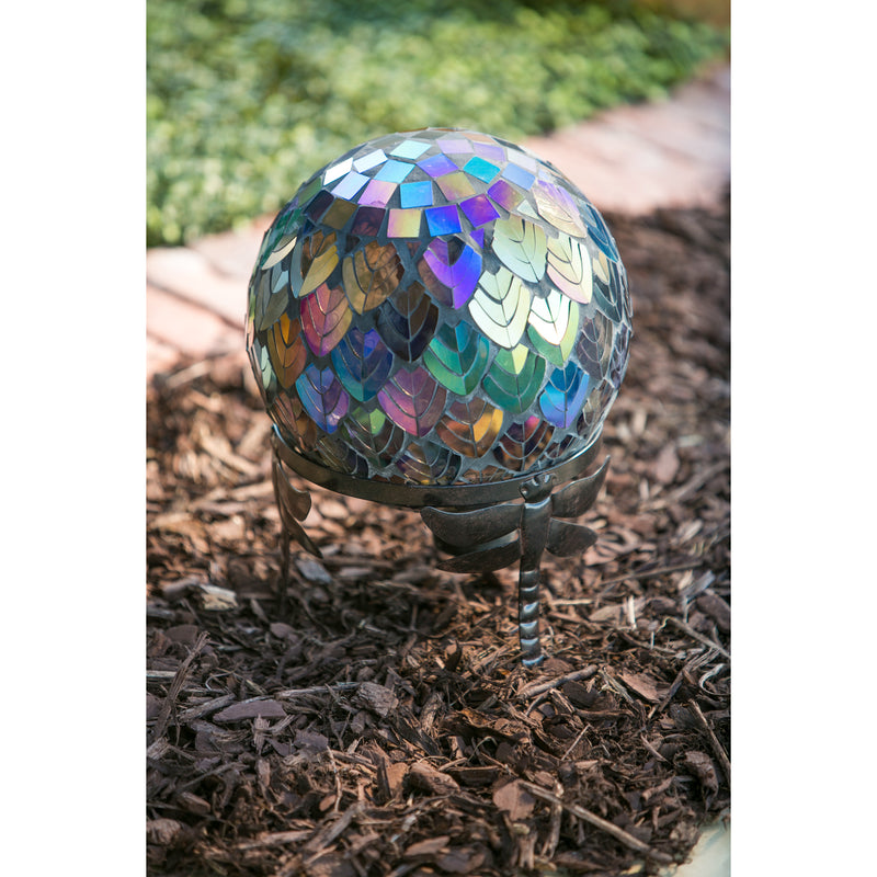 Evergreen Gazing Ball,Gazing Ball Hardware Stand, Dragonfly Adorned,8.5x8.5x6 Inches