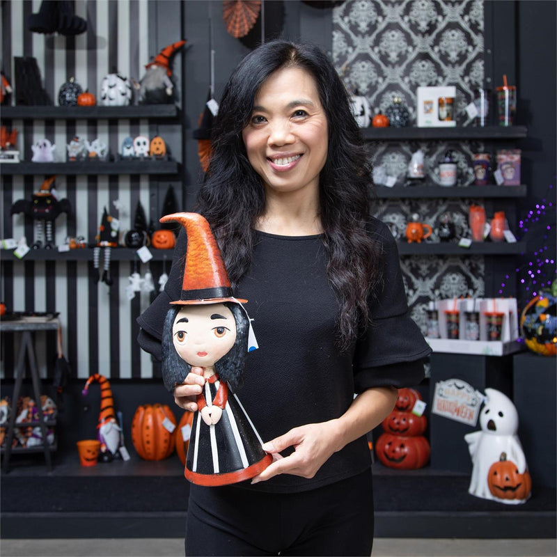 Metal Witch Statuary With Orange Hat