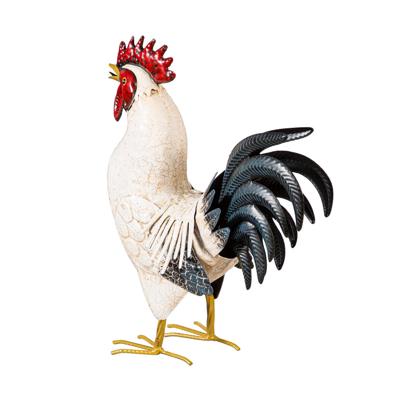 Petal & Plow Garden Statue, Metal Rooster With Light Feathers, 14"H