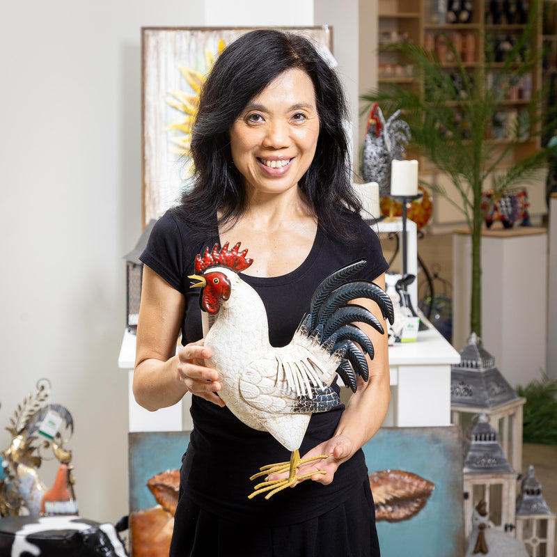 Petal & Plow Garden Statue, Metal Rooster With Light Feathers, 14"H