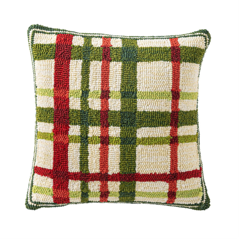 Indoor/Outdoor Plaid Hooked Polypropylene Throw Pillow 18"x18"