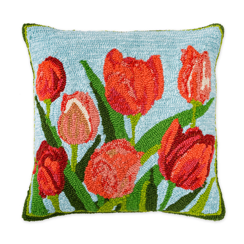 Indoor/Outdoor Pink Tulips Hooked Polypropylene Throw Pillow 18"x18",53n9d