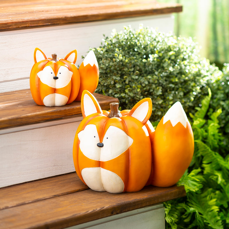 Evergreen Statuary,Mother And Baby Fox Pumpkin Statues, Set of 2,11.4x7.8x9 Inches