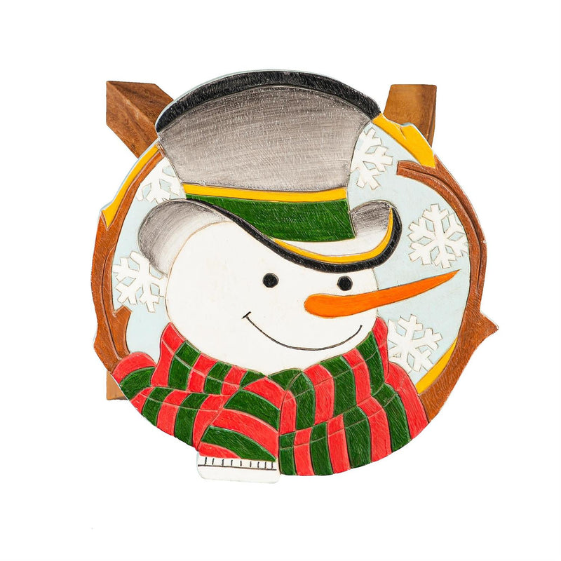 Hand-Carved Acacia Wood Snowman Footstool