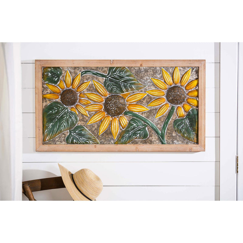 Metal Embossed Sunflower Wood Framed Wall D√©cor