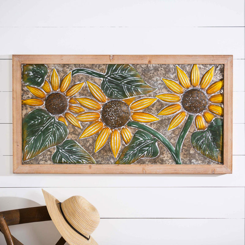 Metal Embossed Sunflower Wood Framed Wall D√©cor