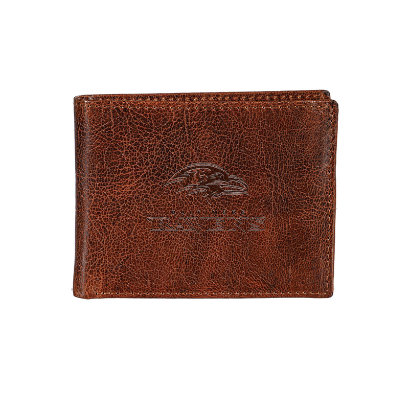 Baltimore Ravens, Embossed 100% Genuine Tumbled Leather Passcase Bi-Fold Wallet, Brown