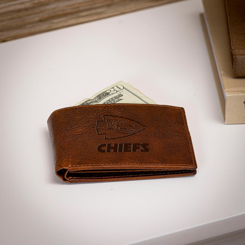 Kansas City Chiefs, Embossed 100% Genuine Tumbled Leather Passcase Bi-Fold Wallet, Brown