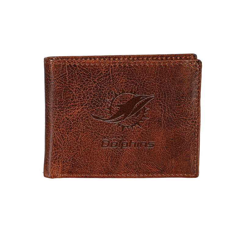 Miami Dolphins, Embossed 100% Genuine Tumbled Leather Passcase Bi-Fold Wallet, Brown