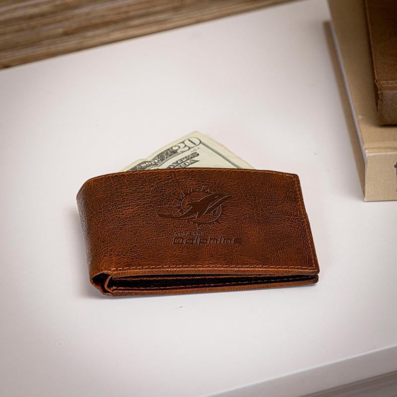 Miami Dolphins, Embossed 100% Genuine Tumbled Leather Passcase Bi-Fold Wallet, Brown